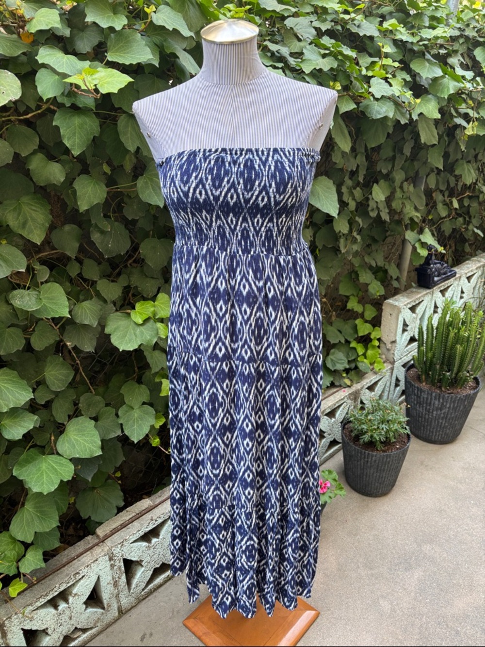 Passport Strapless Navy Blue Ikat Print Maxi Dress XL